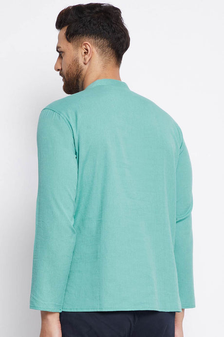 Buy Men's Cotton Solid Short Kurta in Blue - Front
