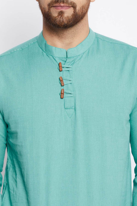 Buy Men's Cotton Solid Short Kurta in Blue - Side