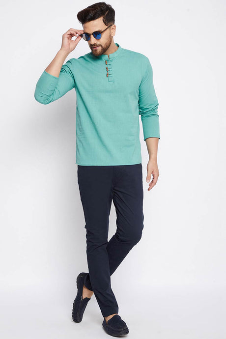 Buy Men's Cotton Solid Short Kurta in Blue - Zoom in