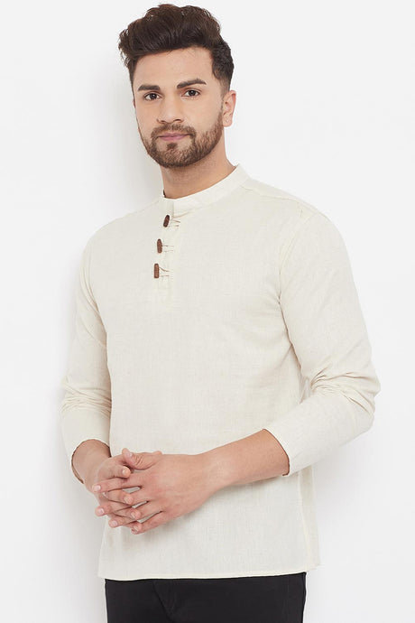 Buy Men's Blended Cotton Solid Short Kurta in Cream - Front