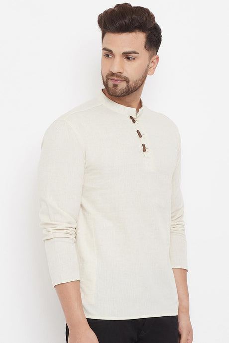 Buy Men's Blended Cotton Solid Short Kurta in Cream - Side