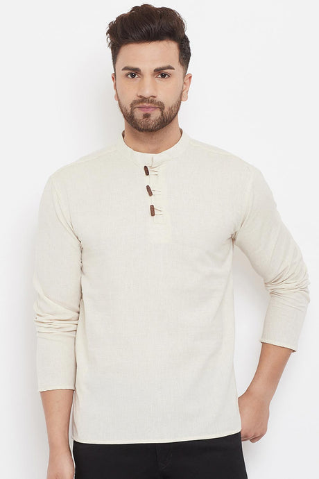 Buy Men's Blended Cotton Solid Short Kurta in Cream Online