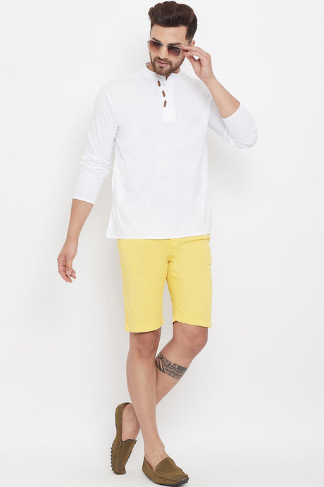 Buy Men's Blended Cotton Solid Short Kurta in White - Back