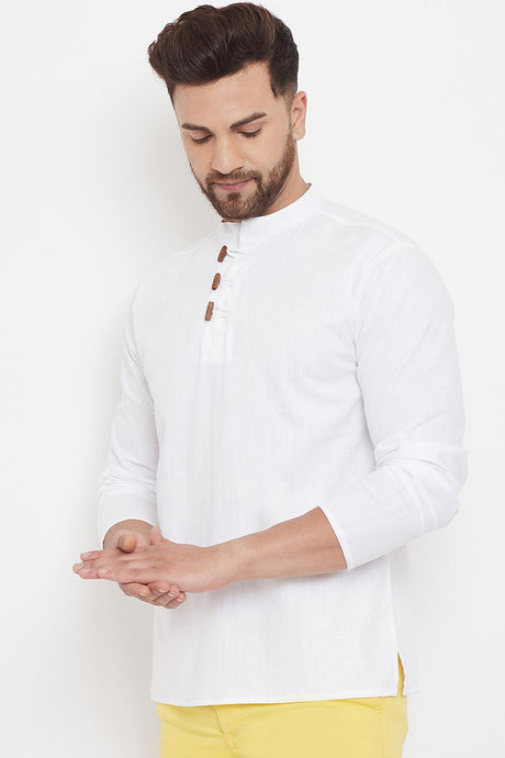 Buy Men's Blended Cotton Solid Short Kurta in White - Front