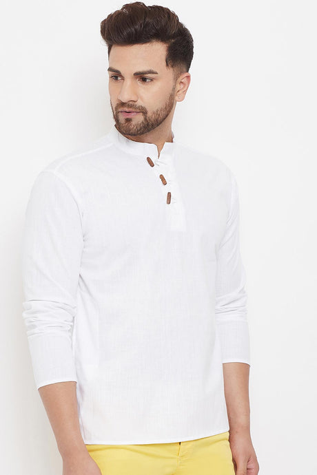 Buy Men's Blended Cotton Solid Short Kurta in White - Side