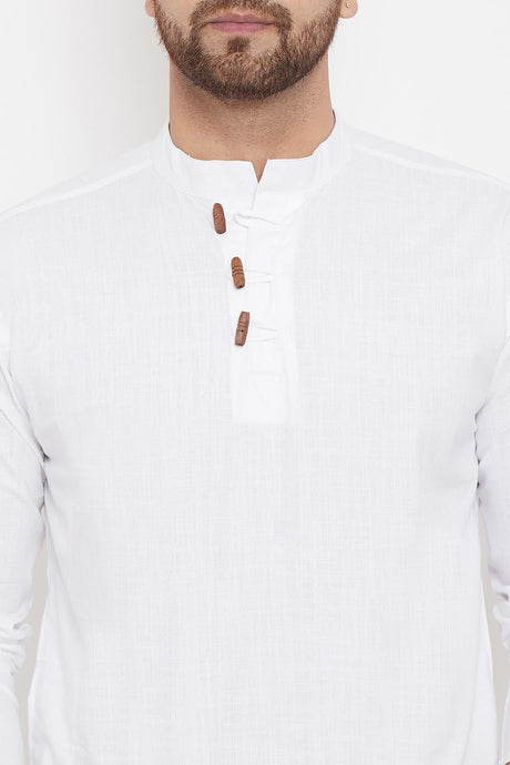 Buy Men's Blended Cotton Solid Short Kurta in White - Zoom Out