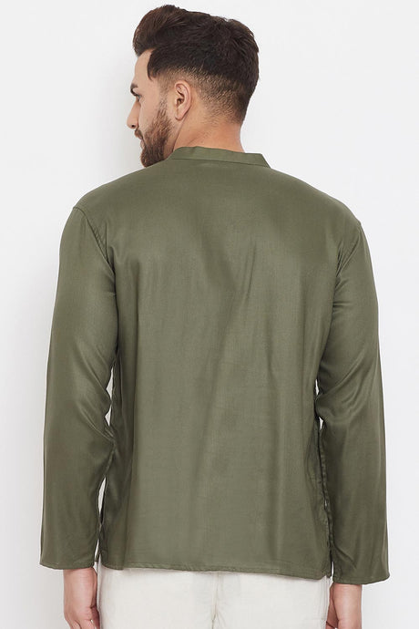 Buy Men's Blended Cotton Solid Short Kurta in Green - Zoom In