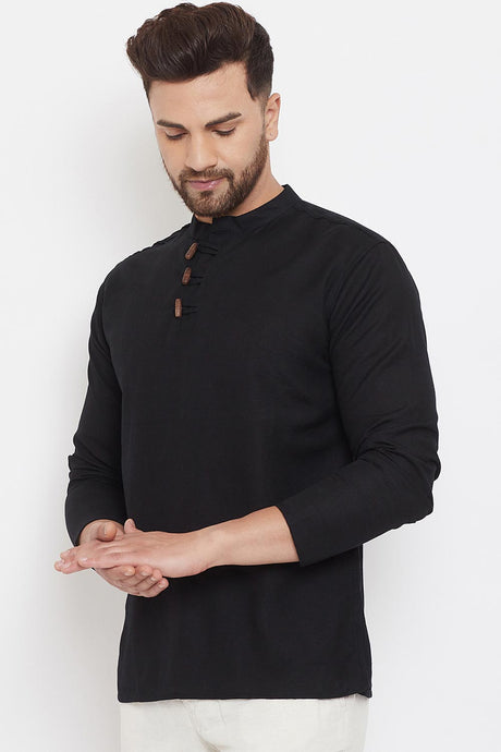 Buy Men's Blended Cotton Solid Short Kurta in Black - Front