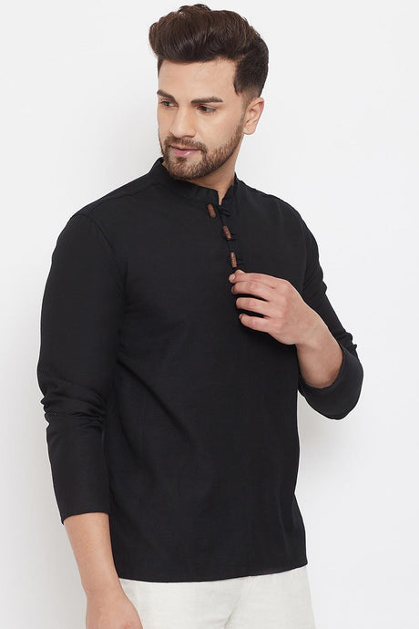 Buy Men's Blended Cotton Solid Short Kurta in Black - Side