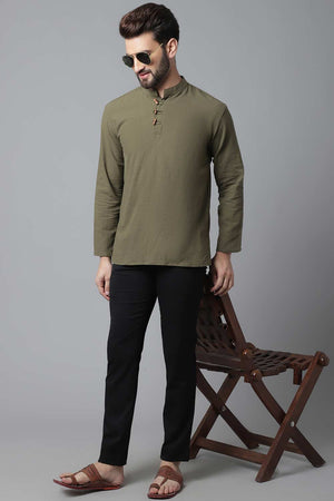Buy Men's Green Cotton Solid Long Kurta Online - KARMAPLACE