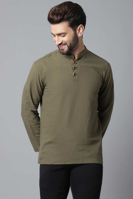 Buy Men's Green Cotton Solid Long Kurta Online - KARMAPLACE