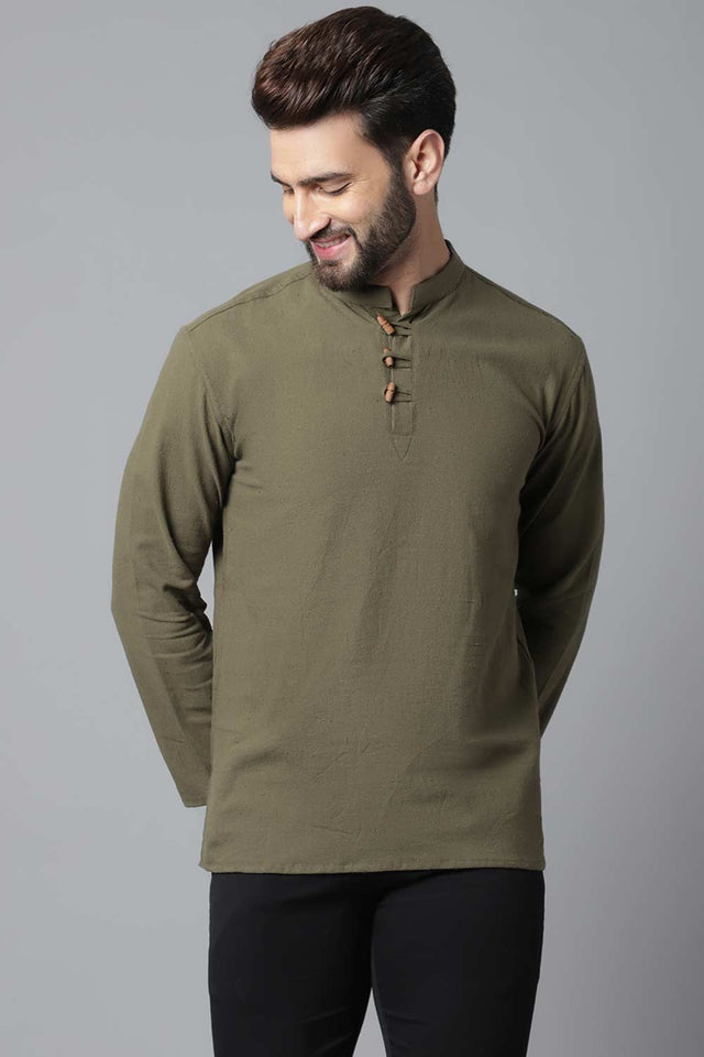 Buy Men's Green Cotton Solid Long Kurta Online - KARMAPLACE