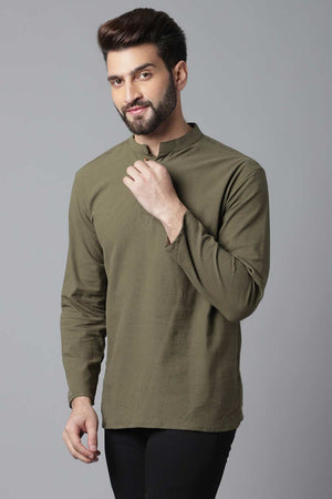 Buy Men's Green Cotton Solid Long Kurta Online - KARMAPLACE