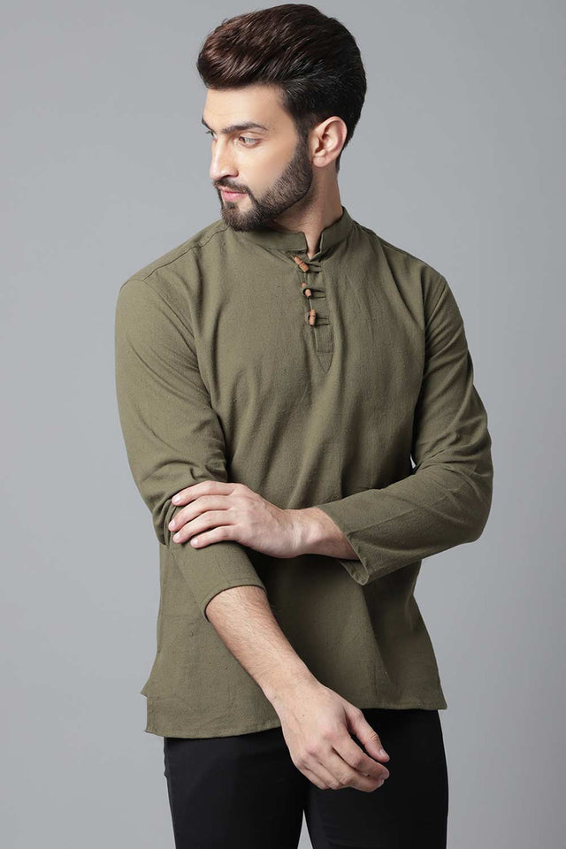 Buy Men's Green Cotton Solid Long Kurta Online - KARMAPLACE