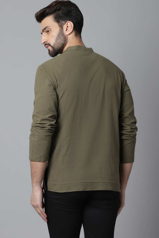 Buy Men's Green Cotton Solid Long Kurta Online - KARMAPLACE