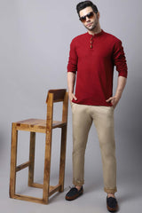 Men's Dark Maroon Solid Full Sleeve Short Kurta Top