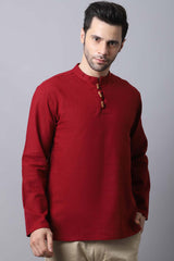 Men's Dark Maroon Solid Full Sleeve Short Kurta Top