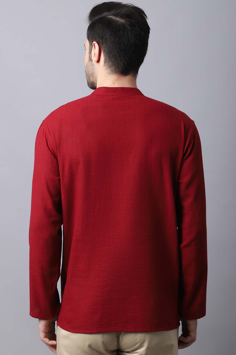 Men's Dark Maroon Solid Full Sleeve Short Kurta Top
