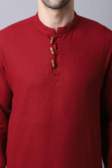 Men's Dark Maroon Solid Full Sleeve Short Kurta Top
