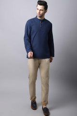 Men's Dark Navy Self-Design Full Sleeve Short Kurta Top
