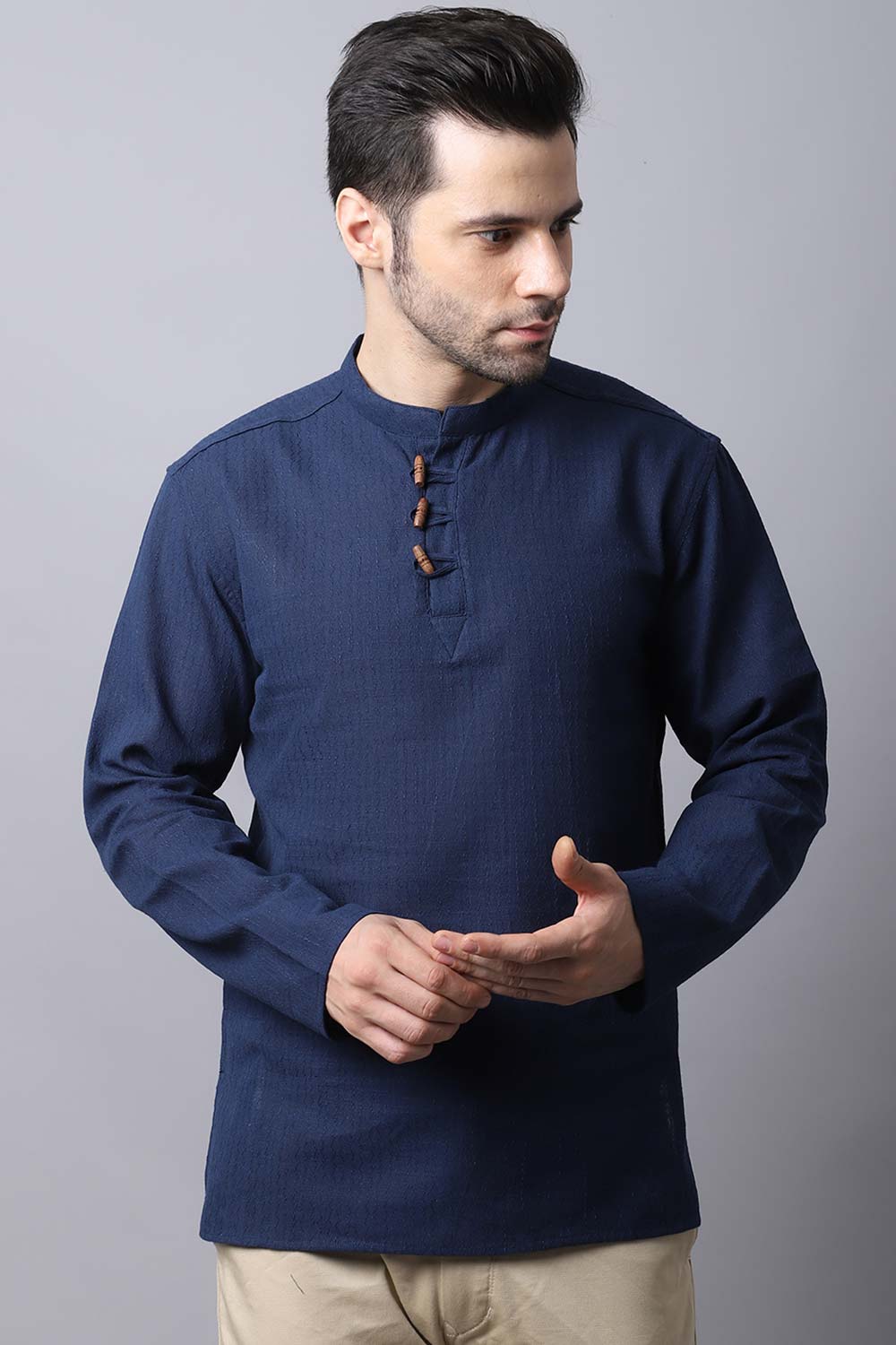 Men's Dark Navy Self-Design Full Sleeve Short Kurta Top