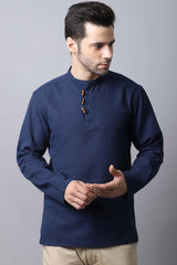 Men's Dark Navy Self-Design Full Sleeve Short Kurta Top