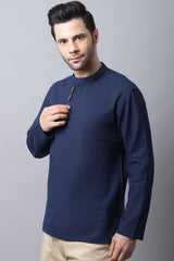 Men's Dark Navy Self-Design Full Sleeve Short Kurta Top