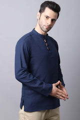 Men's Dark Navy Self-Design Full Sleeve Short Kurta Top