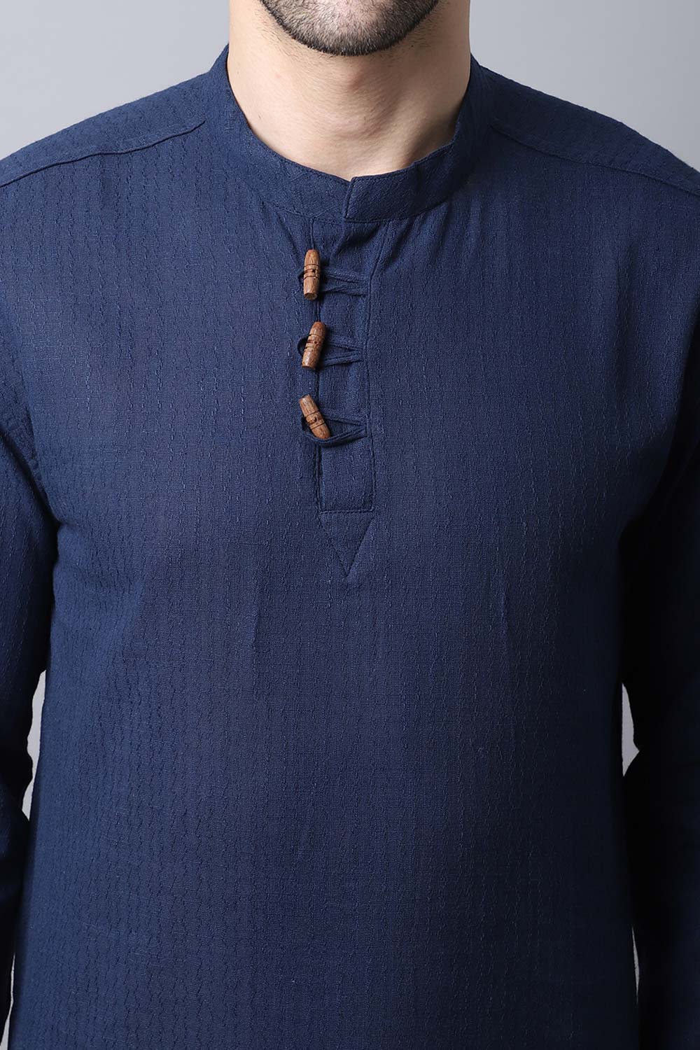 Men's Dark Navy Self-Design Full Sleeve Short Kurta Top