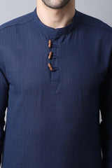 Men's Dark Navy Self-Design Full Sleeve Short Kurta Top