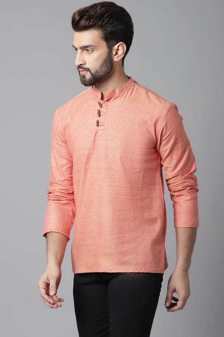 Buy Men's Orange Cotton Self-design Long Kurta Online - KARMAPLACE