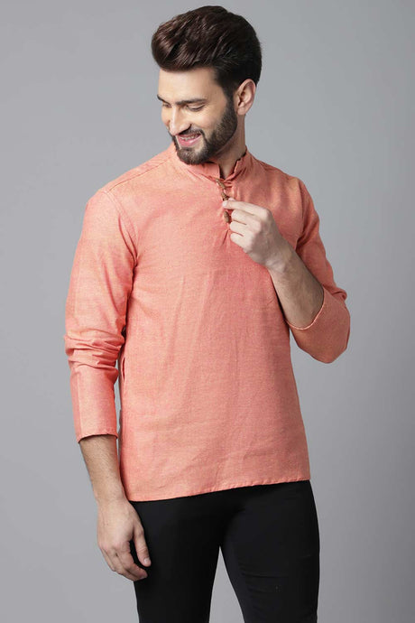 Buy Men's Orange Cotton Self-design Long Kurta Online - KARMAPLACE