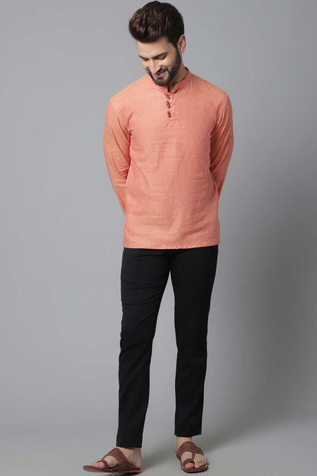 Buy Men's Orange Cotton Self-design Long Kurta Online - KARMAPLACE