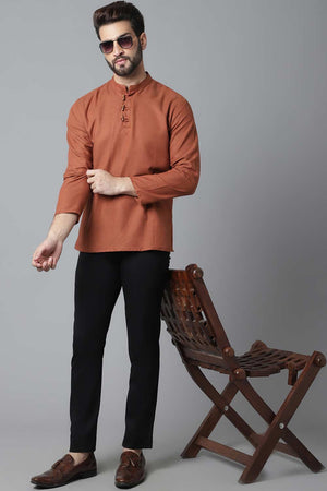 Buy Men's Rust Cotton Solid Long Kurta Online - KARMAPLACE