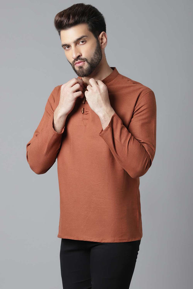 Buy Men's Rust Cotton Solid Long Kurta Online - KARMAPLACE