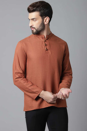 Buy Men's Rust Cotton Solid Long Kurta Online - KARMAPLACE