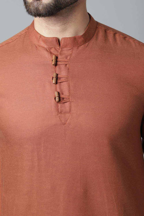 Buy Men's Rust Cotton Solid Long Kurta Online - KARMAPLACE