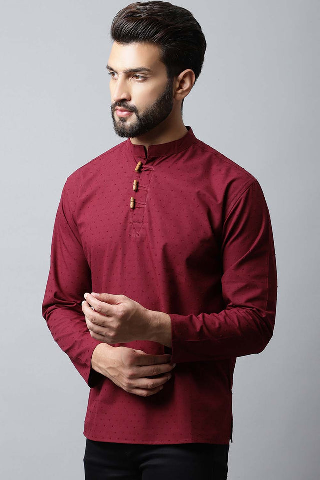 Men's Dark Maroon Self-Design Full Sleeve Short Kurta Top (SKF-SLD1182-MRC)