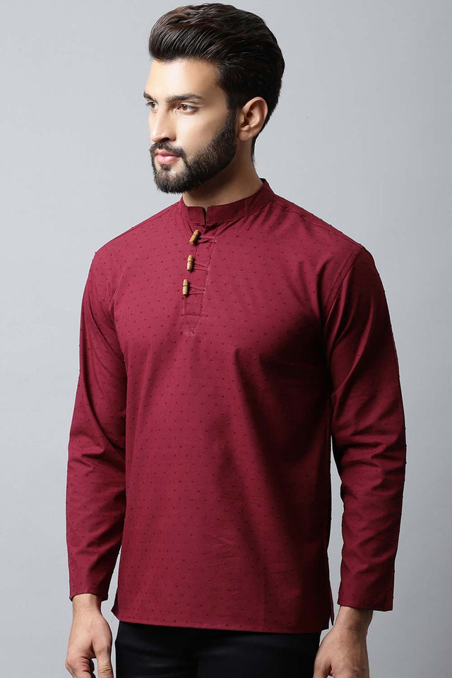 Men's Dark Maroon Self-Design Full Sleeve Short Kurta Top (SKF-SLD1182-MRC)