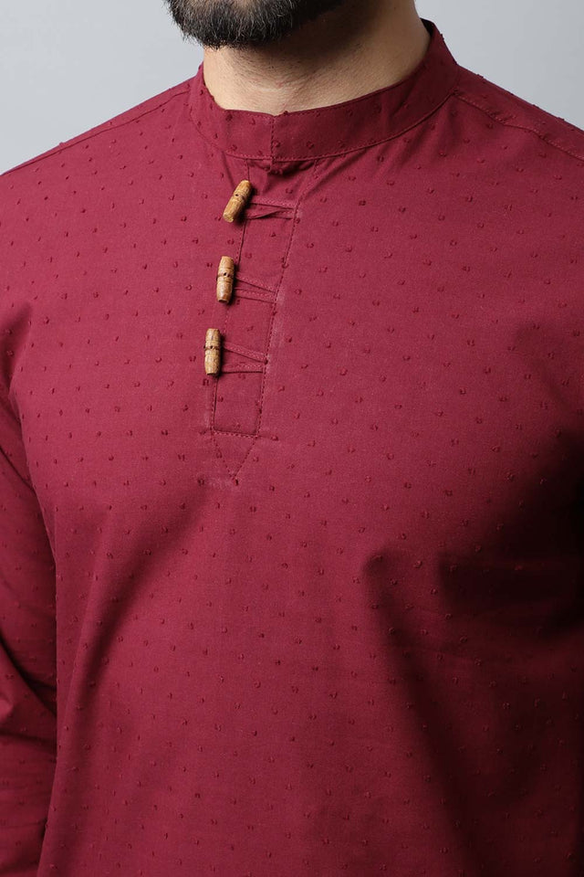 Men's Dark Maroon Self-Design Full Sleeve Short Kurta Top (SKF-SLD1182-MRC)