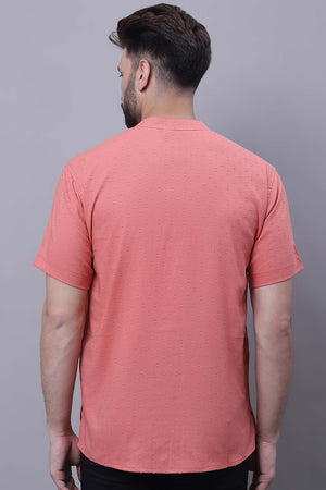 Buy Men's Peach Cotton Self Design Short Kurta Top Online - Front