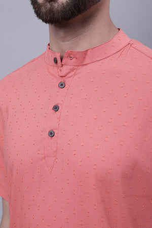 Buy Men's Peach Cotton Self Design Short Kurta Top Online - Side