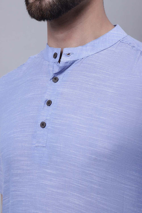 Buy Men's Blue Cotton Self Design Short Kurta Top Online - Side