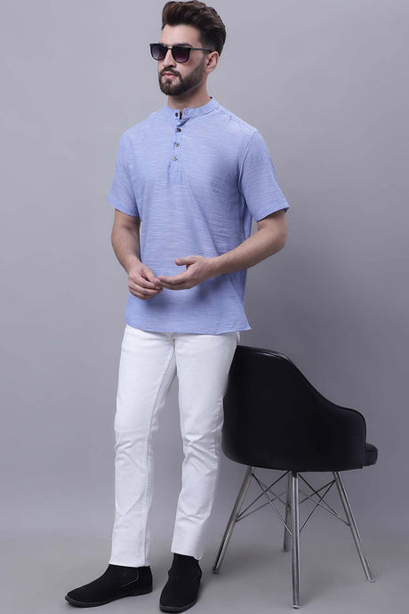 Buy Men's Blue Cotton Self Design Short Kurta Top Online - Zoom In