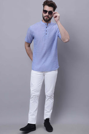 Buy Men's Blue Cotton Self Design Short Kurta Top Online - Zoom Out