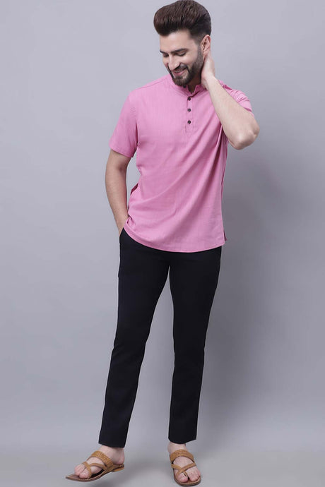 Buy Men's Pink Cotton Solid Short Kurta Top Online - Zoom In