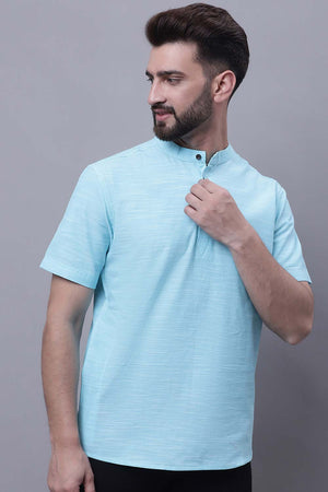 Buy Men's Blue Cotton Solid Short Kurta Top Online - Front