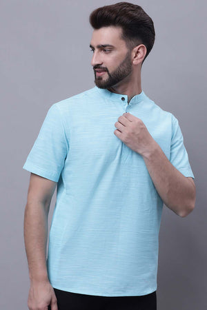 Buy Men's Blue Cotton Solid Short Kurta Top Online - Side