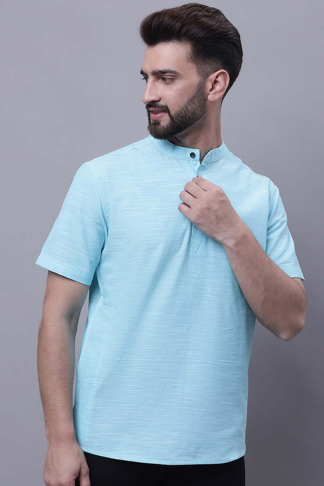 Buy Men's Blue Cotton Solid Short Kurta Top Online - Side