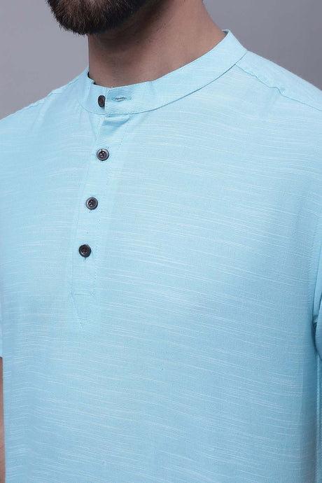 Buy Men's Blue Cotton Solid Short Kurta Top Online - Zoom In